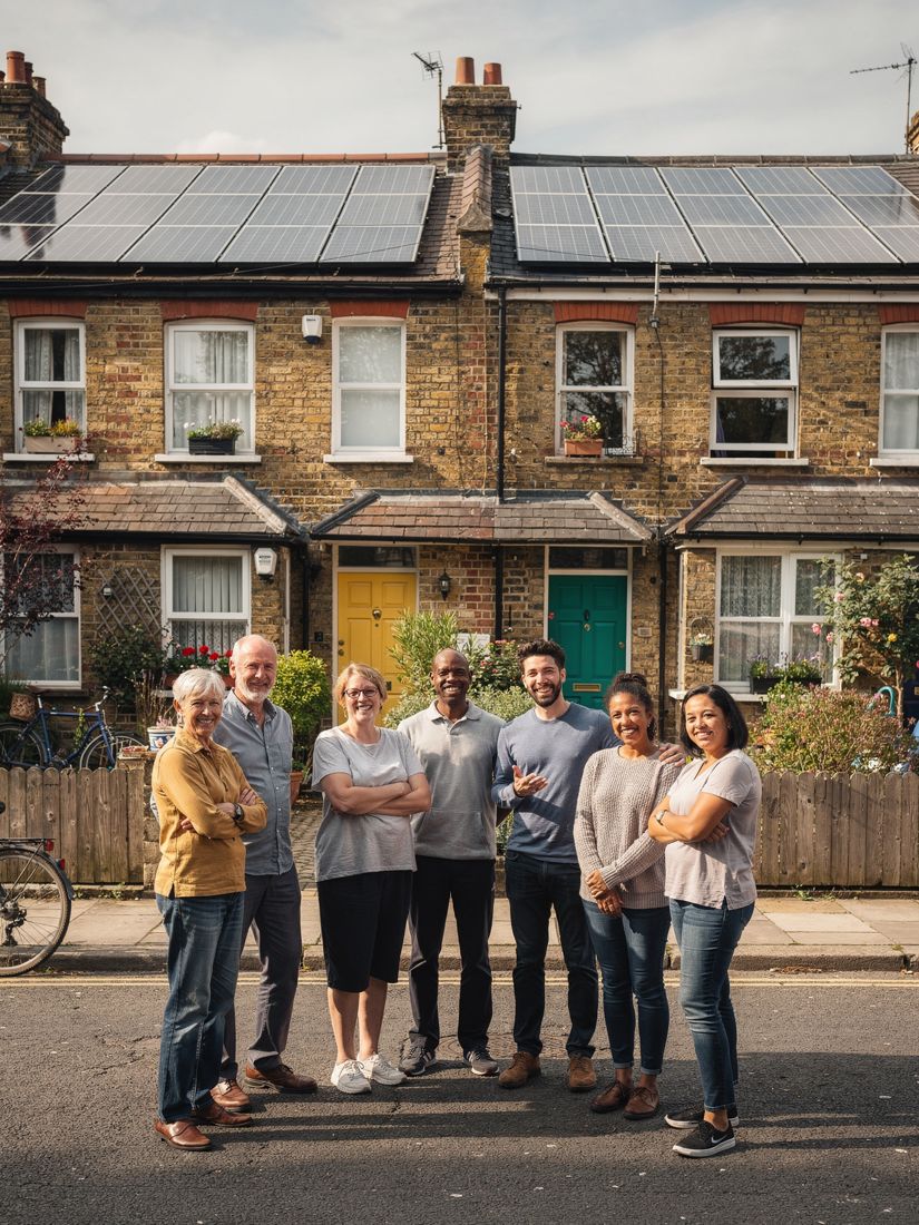 Neighbours standing together on a London terraced street with solar panels across the roofs