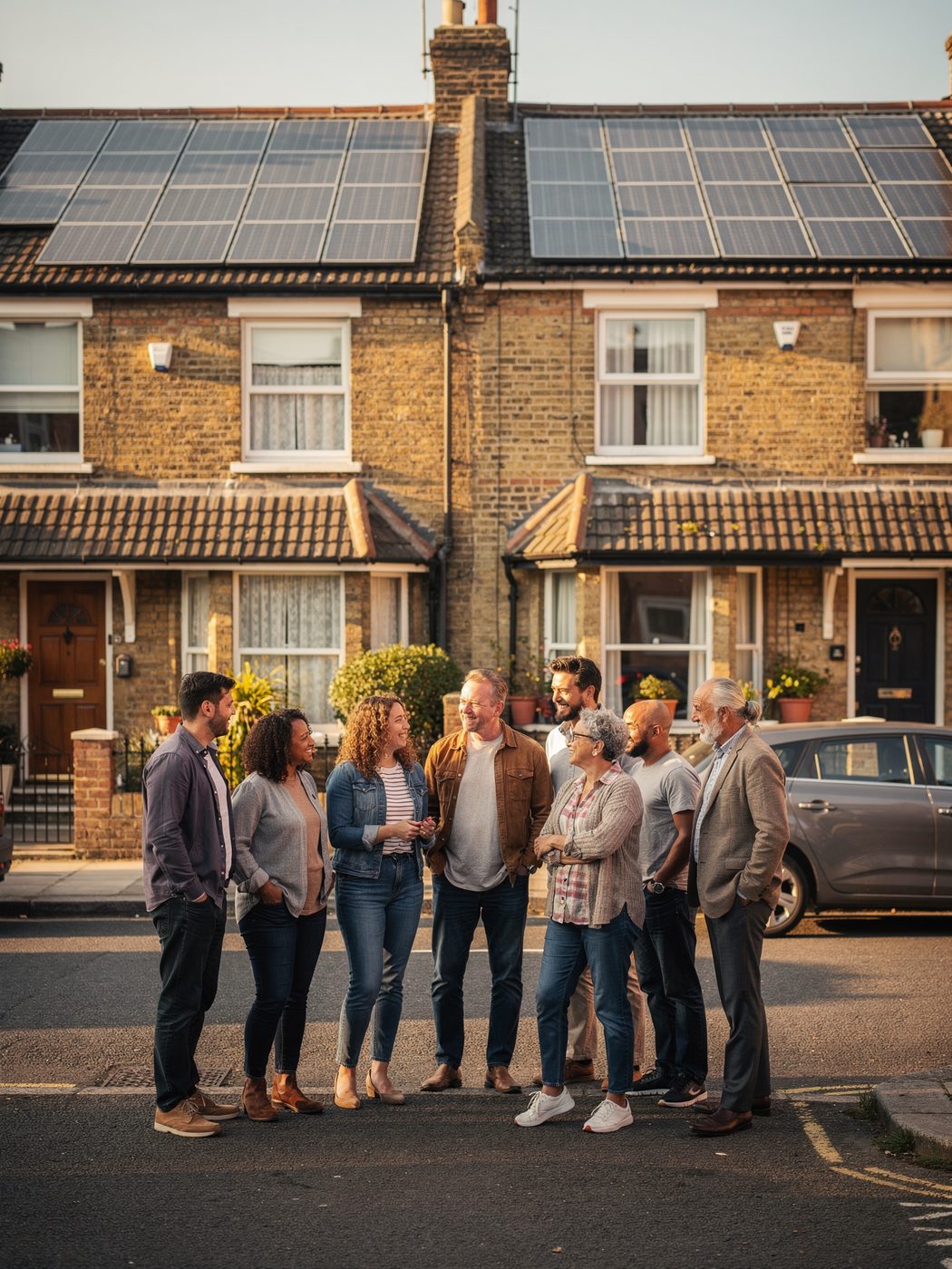 Neighbours talking together on a London terraced street with solar panels on the roofs